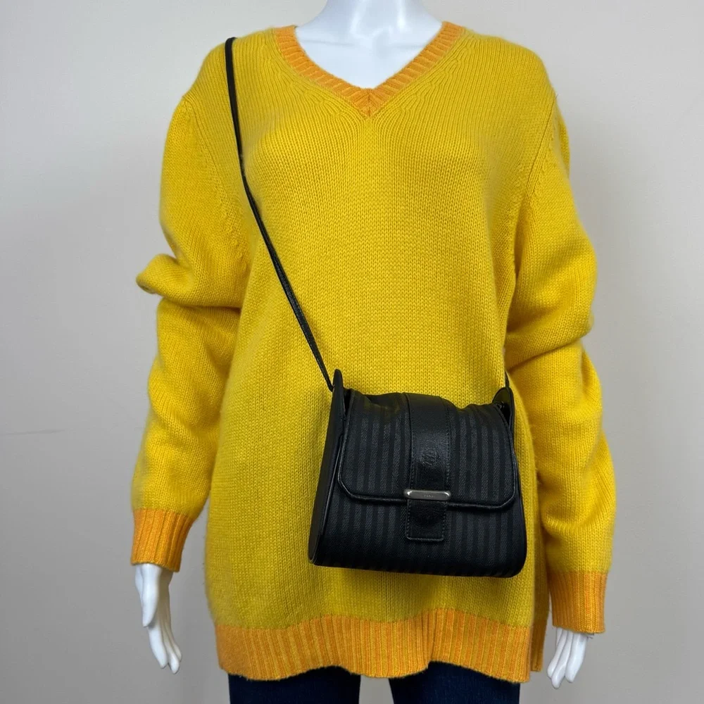 Fendi Vintage Striped Pequin Black Canvas Leather Small Mini Crossbody Bag Purse - Picture 3 of 17